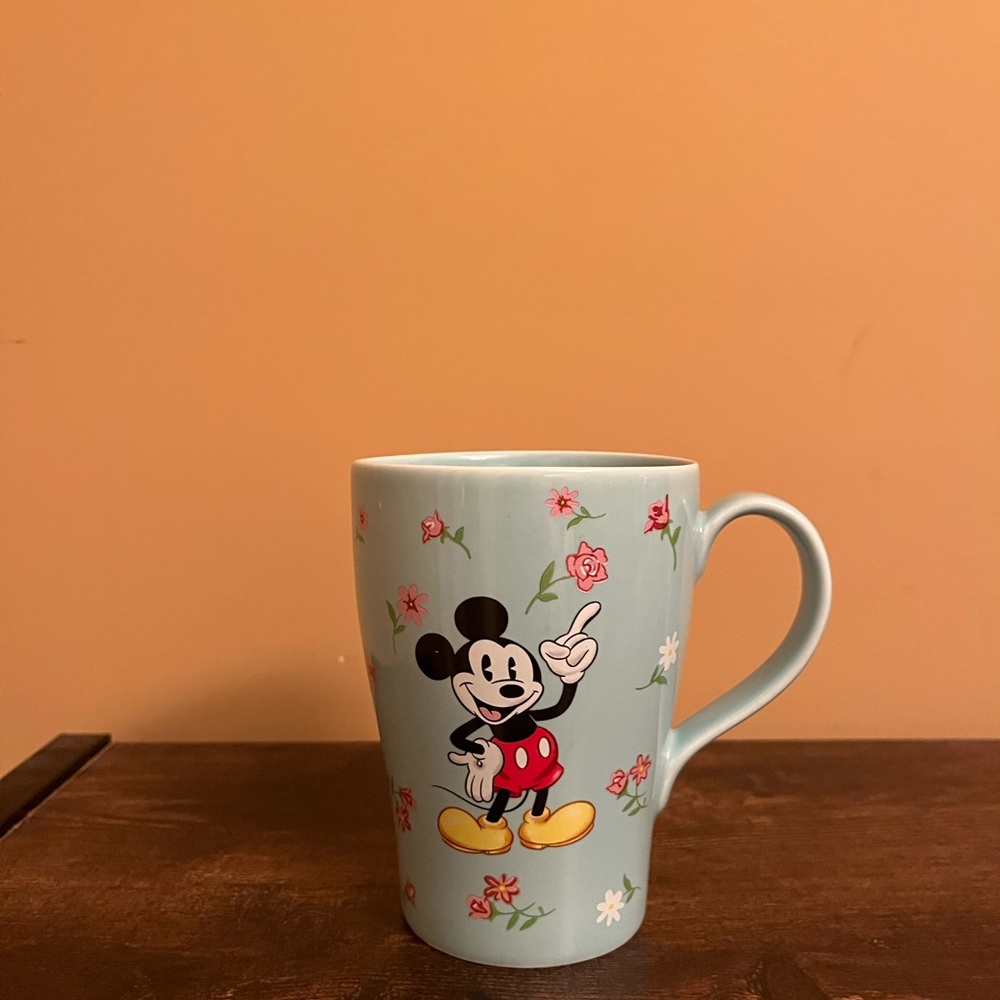 Disney Store Mickey Mouse Teal Blue Mug with Roses Approximately 5” tall